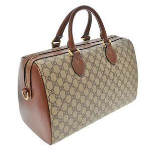 GUCCI Boston Bag Handbag Shoulder GG Supreme Leather Brown Beige Travel
